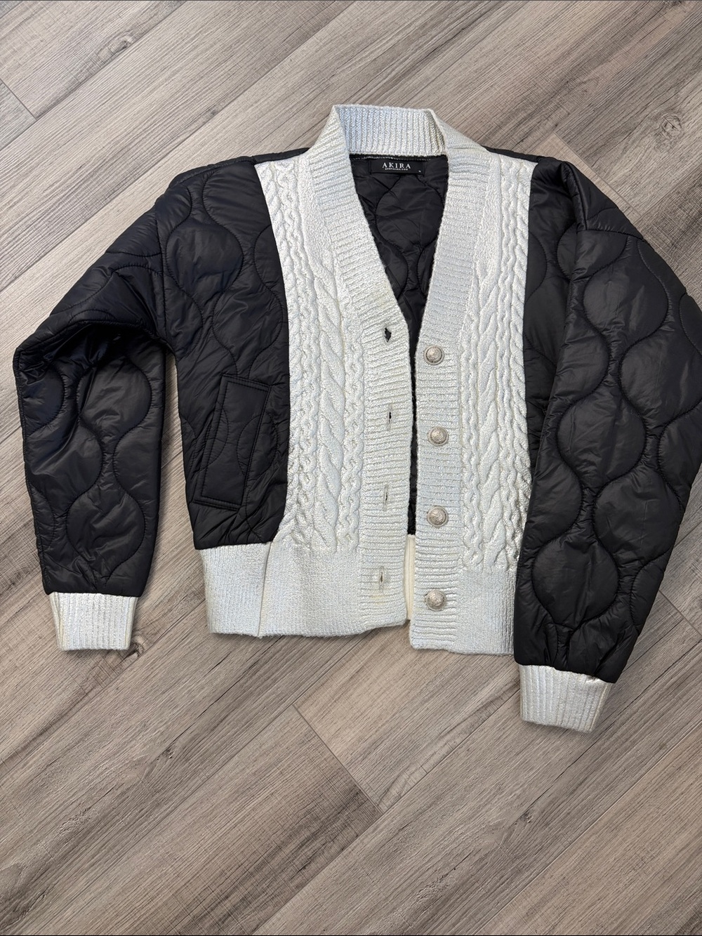 AKIRA Black Quilted Sleeve Cardigan with Silver Cable Knit Front